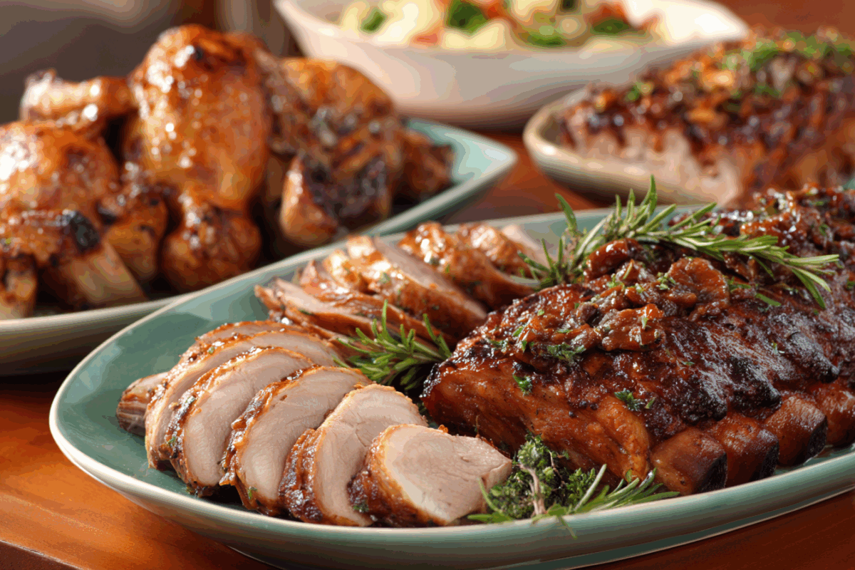 Examples of beef, pork, and chicken Sunday roasts are served on a large table.