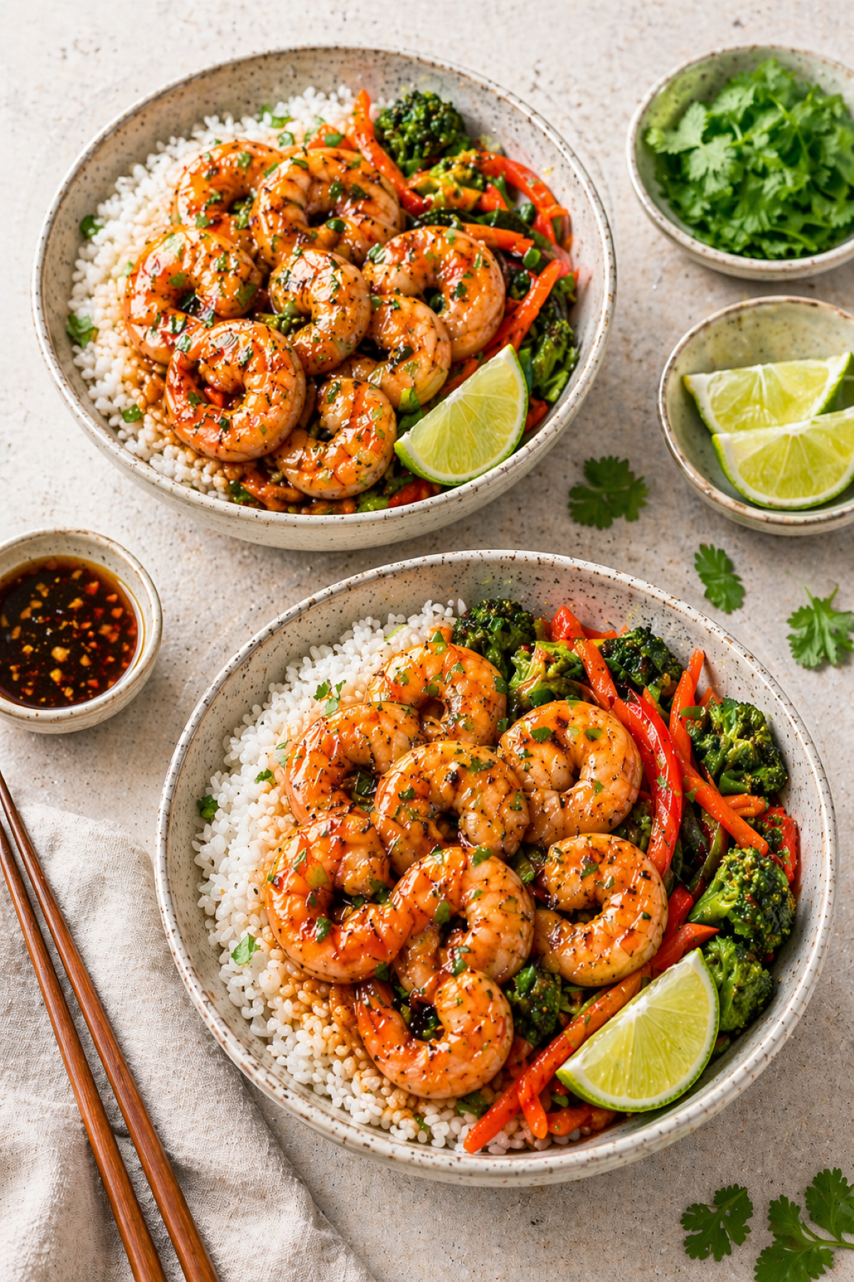 overhead view of two bowls of garlic butter shrimp bowls