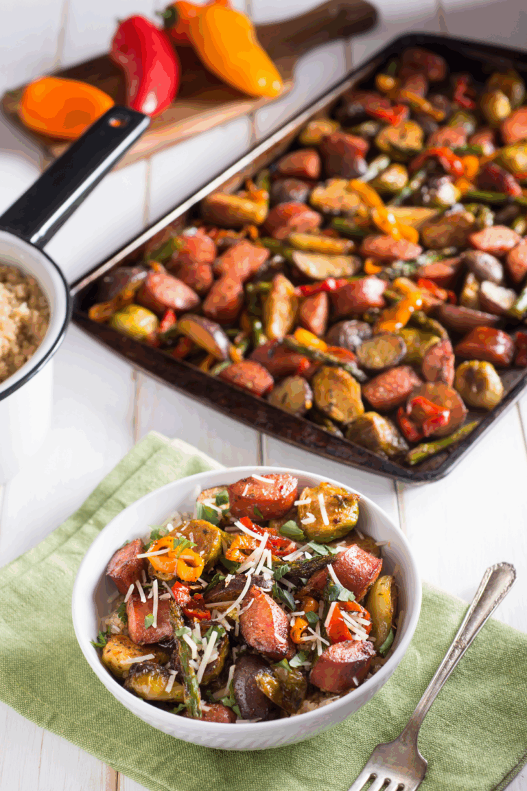 sheet pan dinner with proteins and vegetables