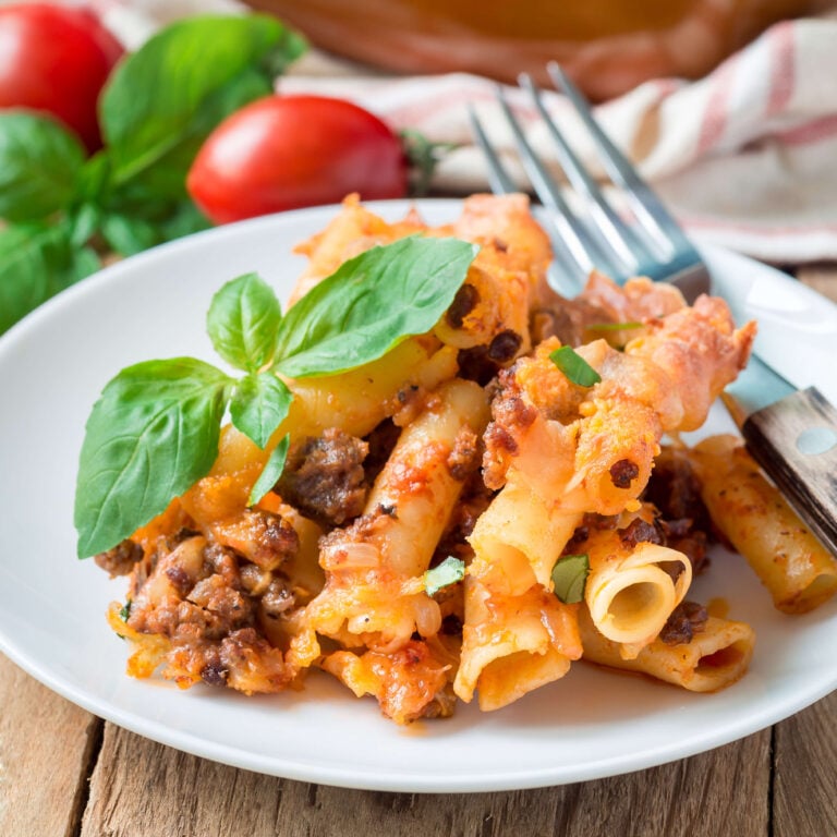Baked Ziti on a plate ready to serve.