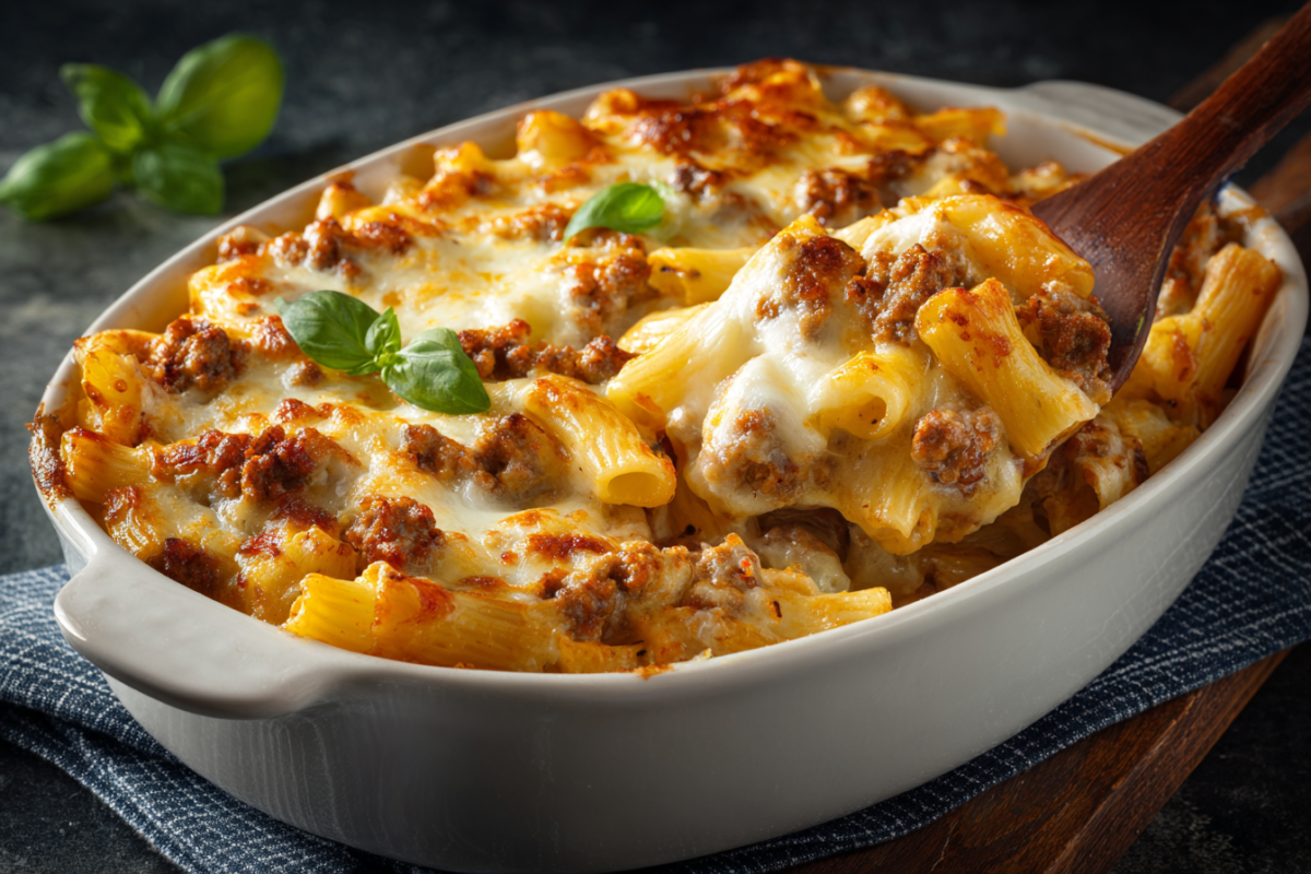 oval casserole dish with baked ziti and italian sausage