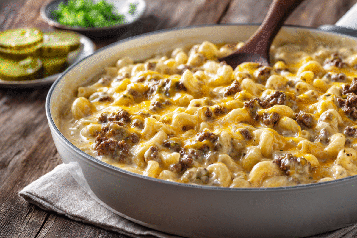 cheesy ground beef skillet with simple garnish