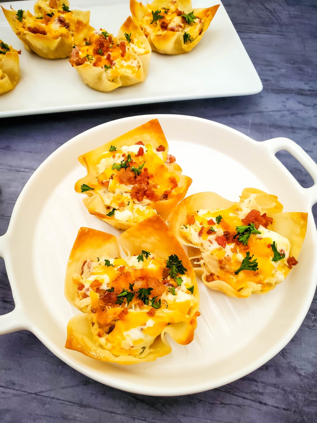 cheese, bacon, chicken and ranch in crispy wonton cups.