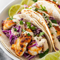 easy fish tacos served with sauce and slaw