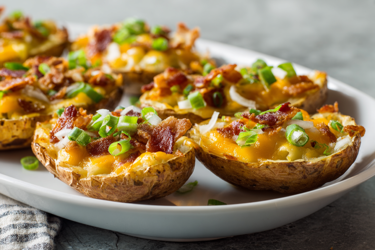 plate of crispy potato skins filled with cheddar cheese, bacon and sliced green onion