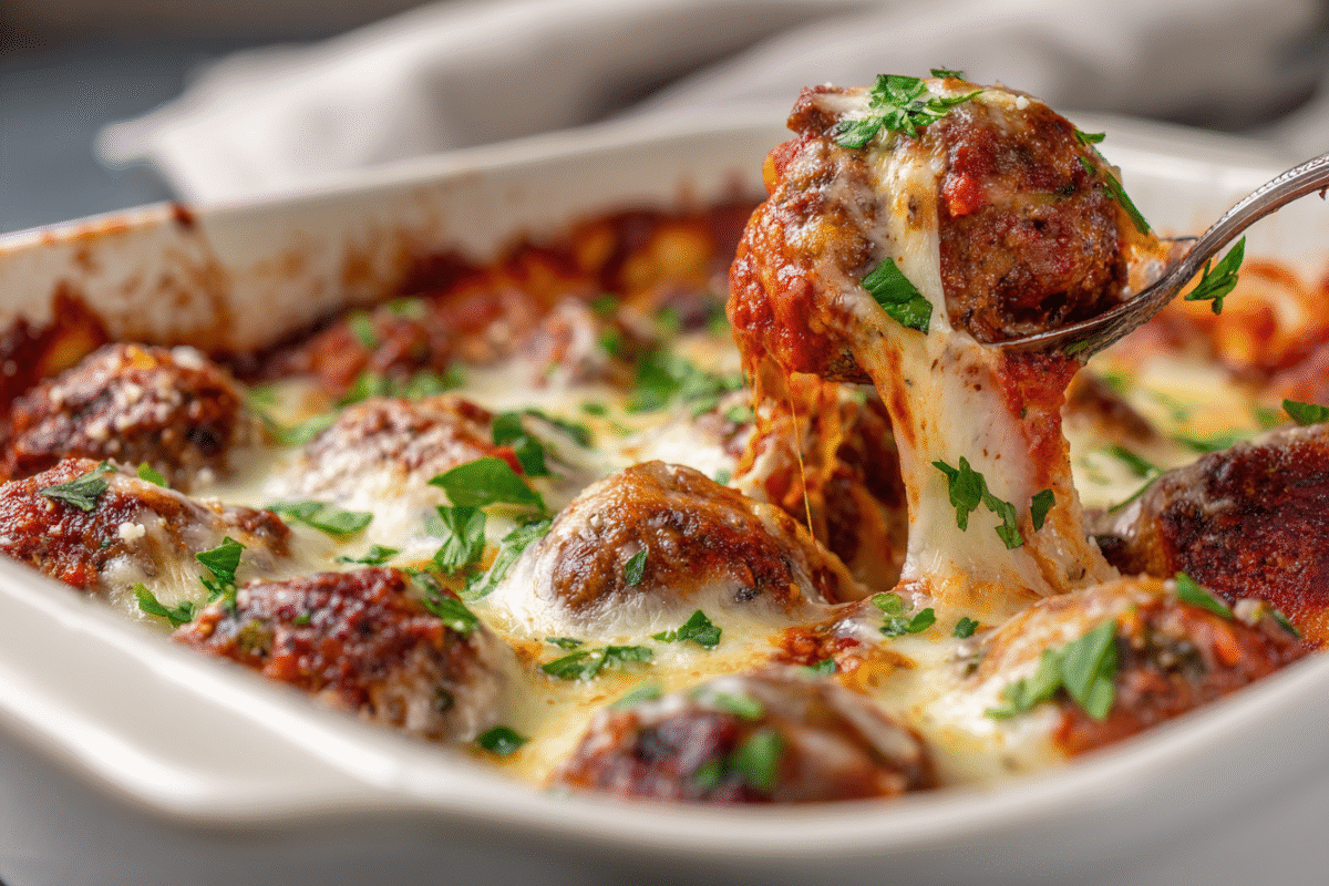 meatball casserole with marinara and melted cheese