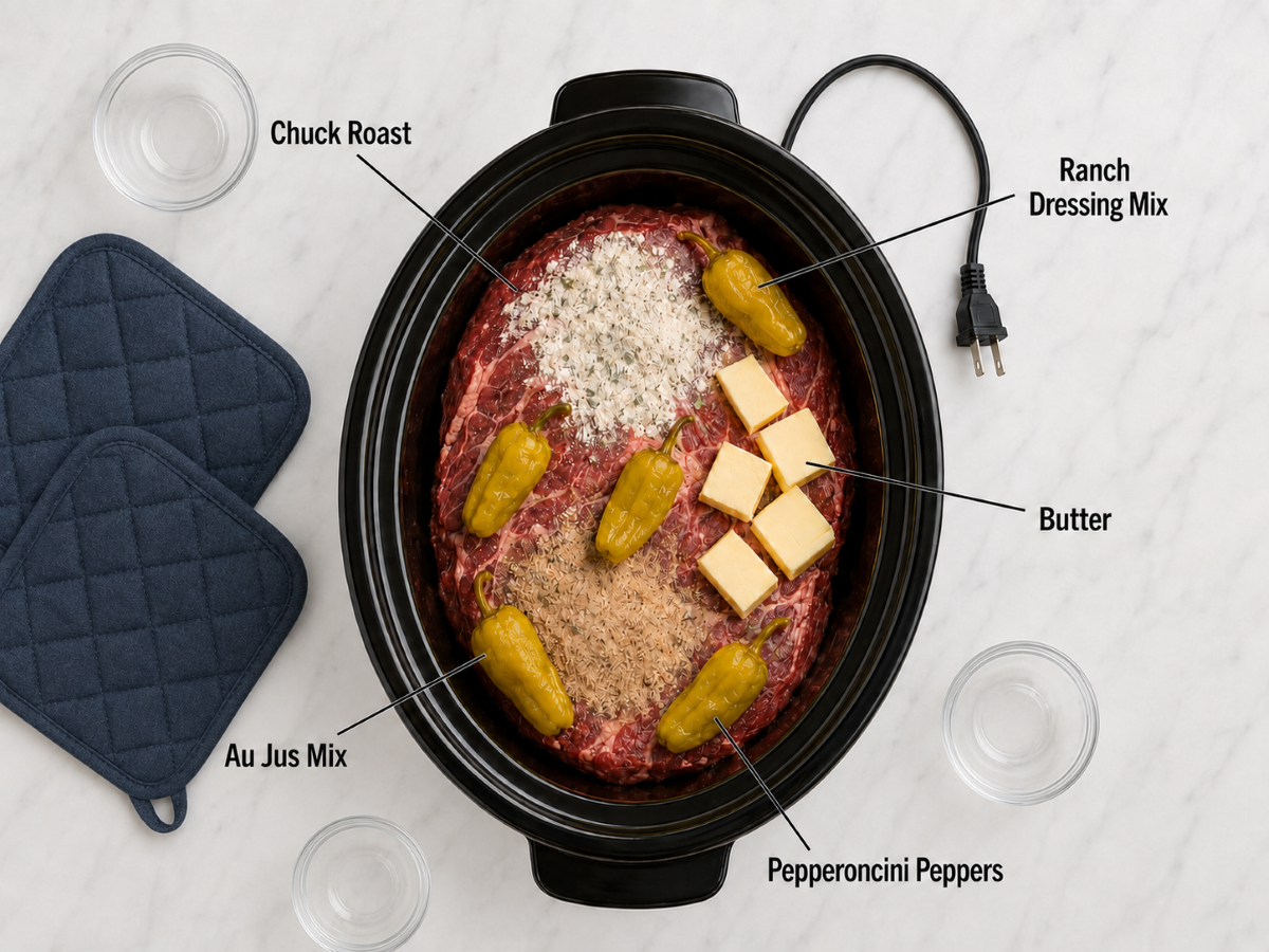 ingredients for Mississippi pot roast in the slow cooker.