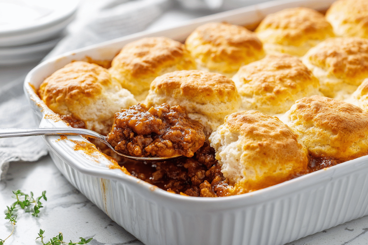 sloppy joe bake topped with golden biscuits