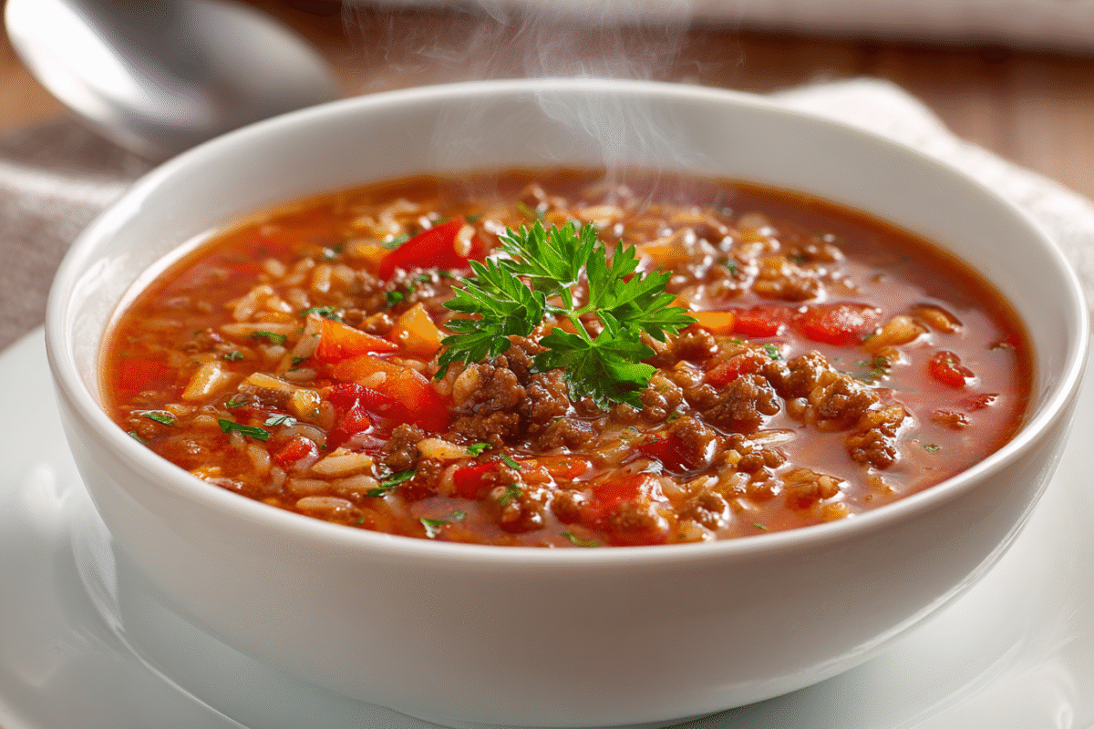bowl of stuffed pepper soup with peppers and rice