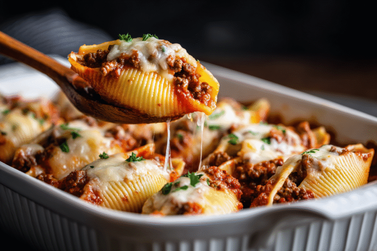 stuffed shells in marinara with melted mozzarella
