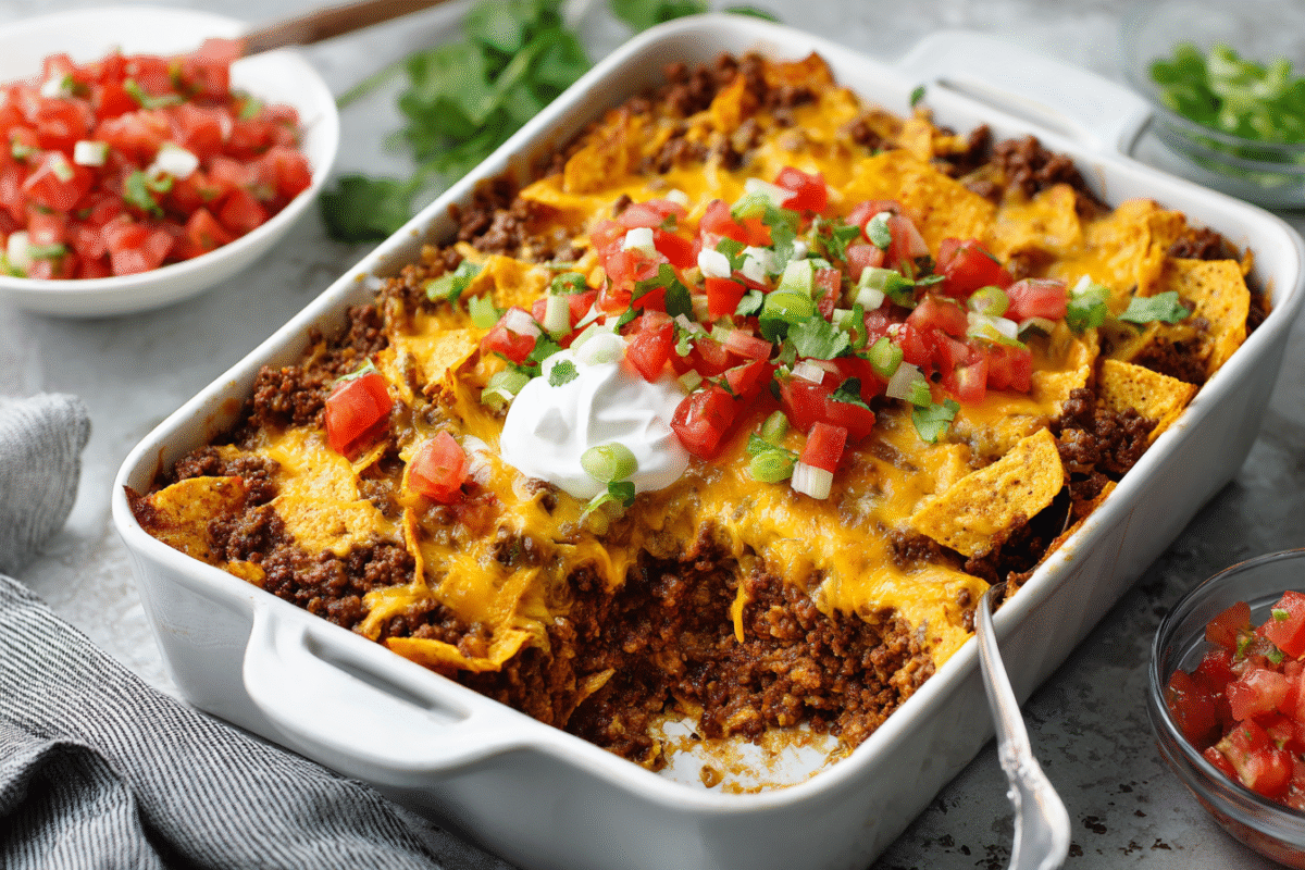 taco casserole slice with melted cheese and toppings