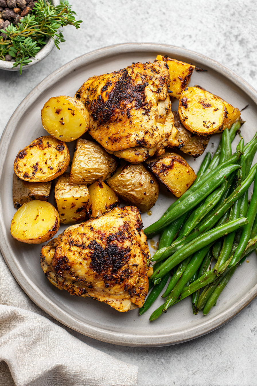 air fryer dinners of chicken thighs with baby potatoes and green beans