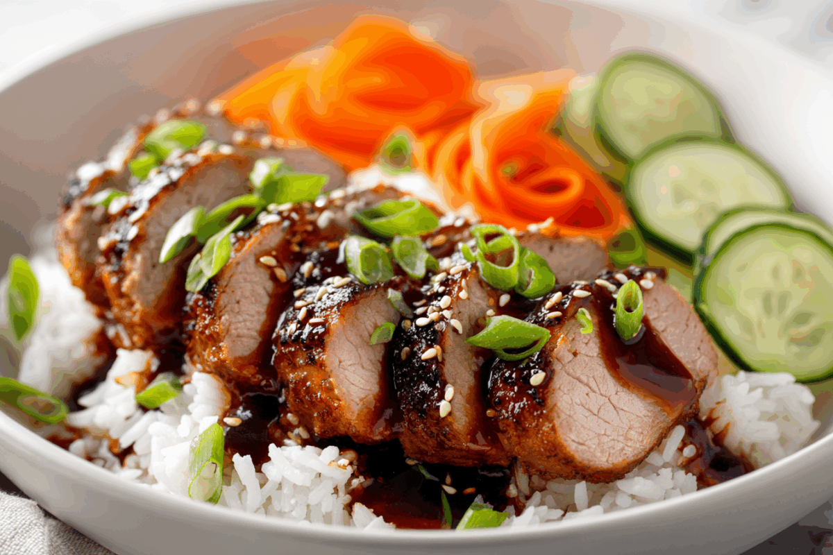 Sliced ginger and soy glazed pork tenderloin in a bowl over white rice with carrots and cucumber slices on the side