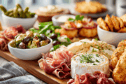table set with assorted cold appetizers for a party