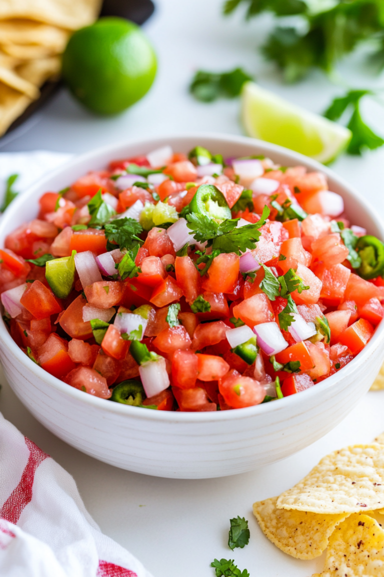 authentic pico de gallo in a white bowl with tortilla chips on the side