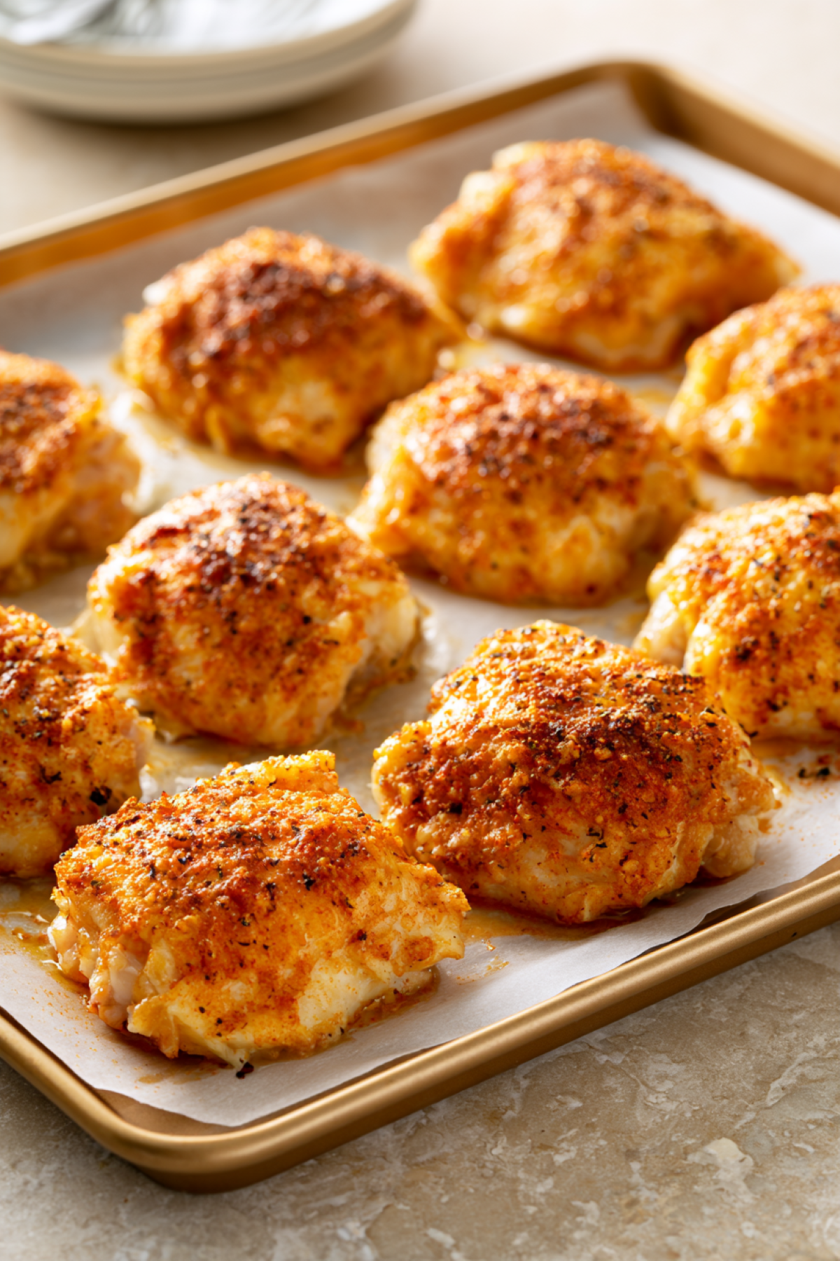 baked boneless chicken thighs on a sheet pan lined with parchment