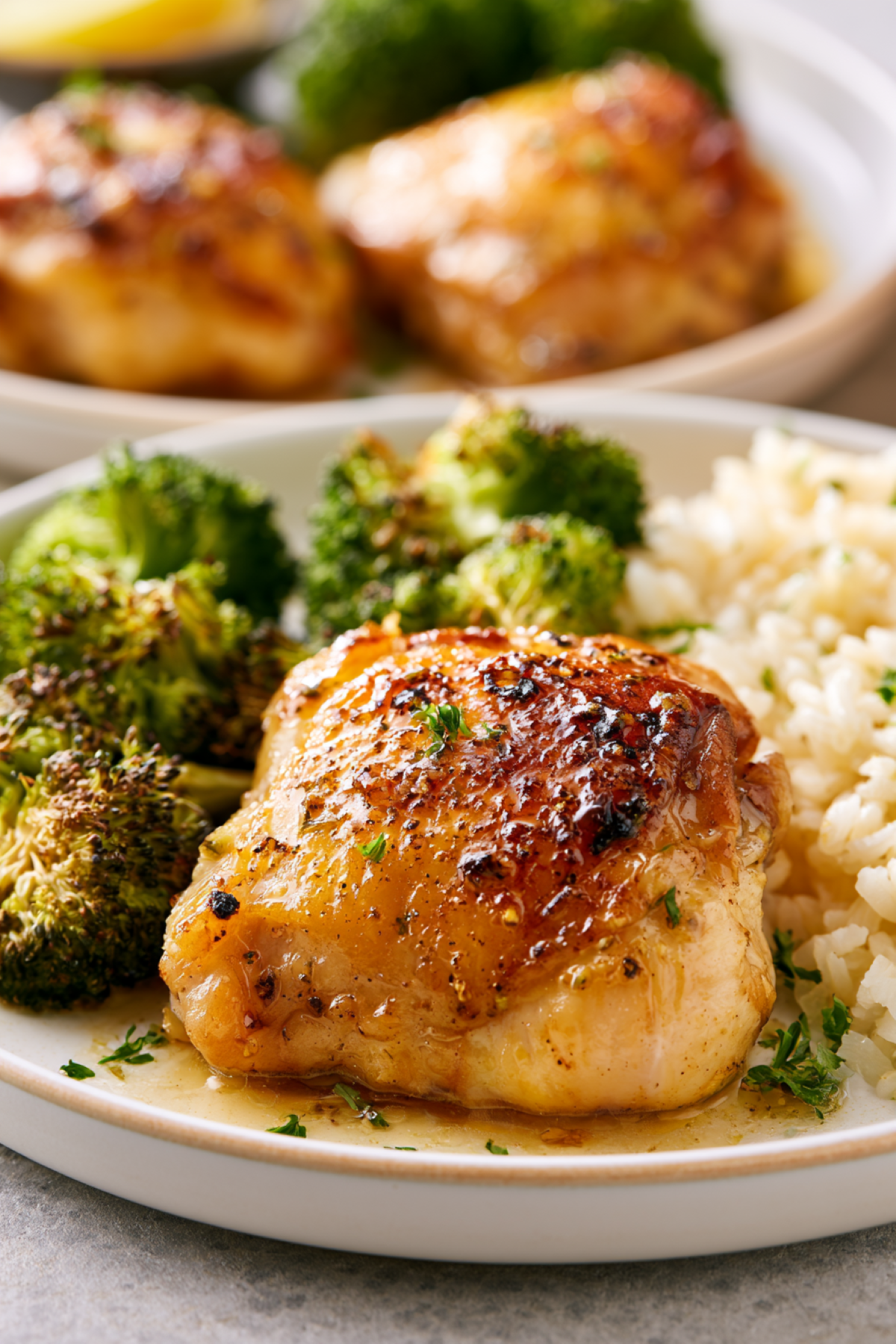 baked boneless chicken thighs with sides of broccoli and rice