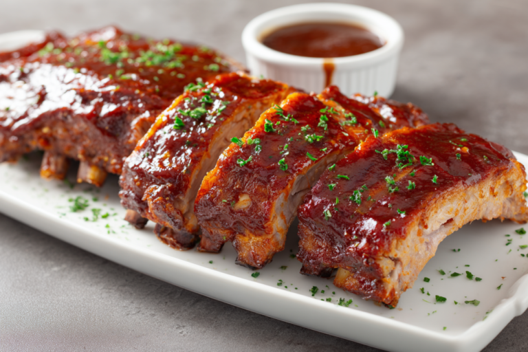 BBQ baby back ribs sliced on a platter with sauce on the side