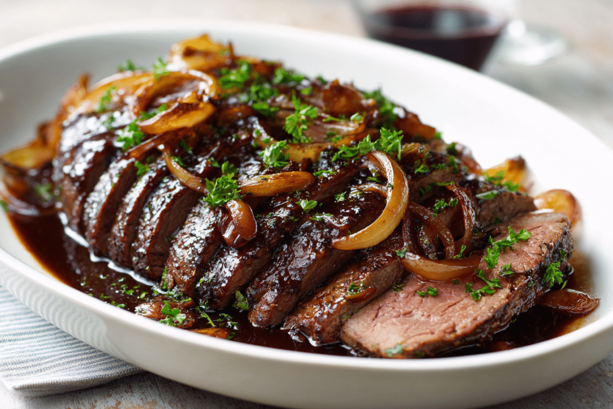 Sliced cross rib roast in a shallow white dish with glossy balsamic onion sauce and caramelized onions on a light stone surface