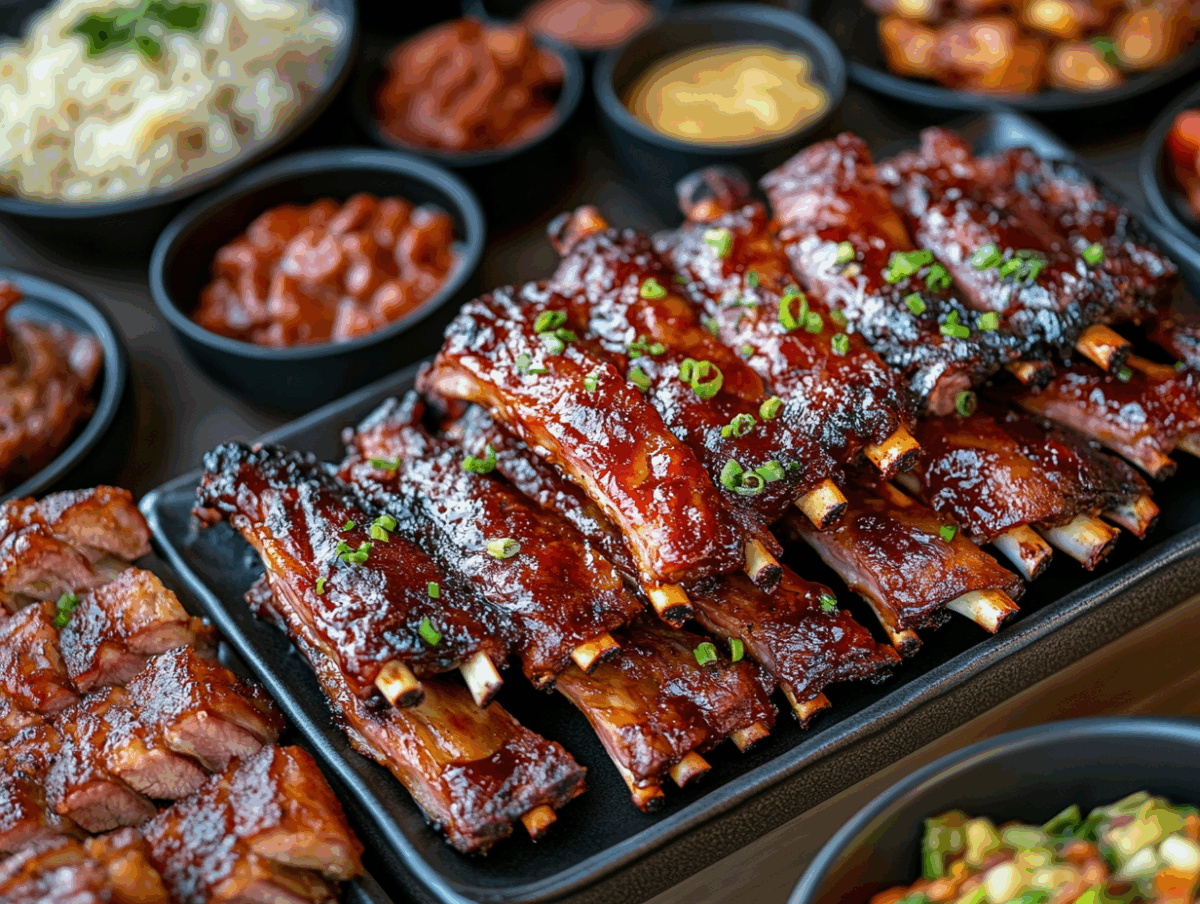 cooking ribs at home results in these platters of delicious BBQ ribs spread on a buffet table 