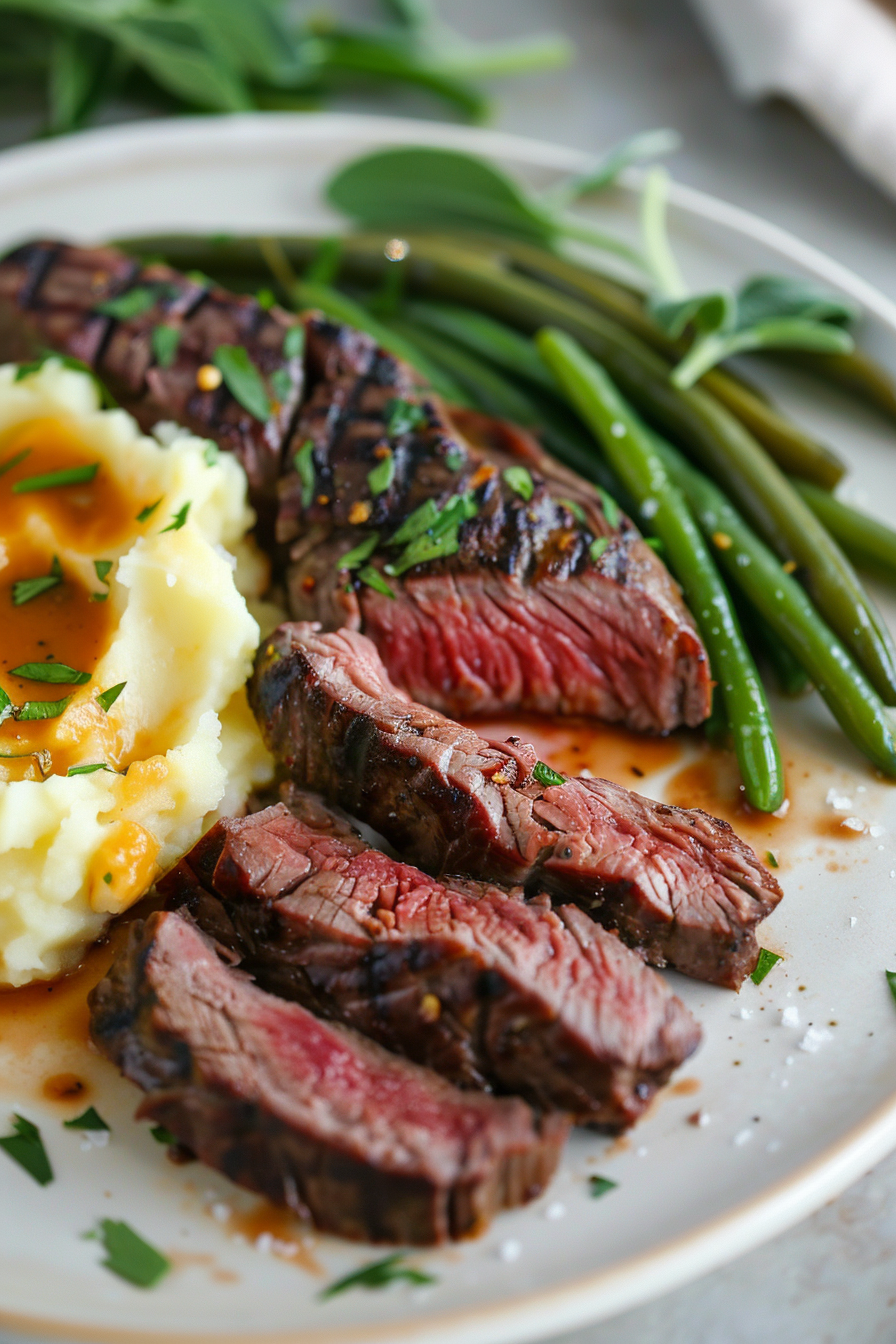 chuck steak, mashed potatoes, beans