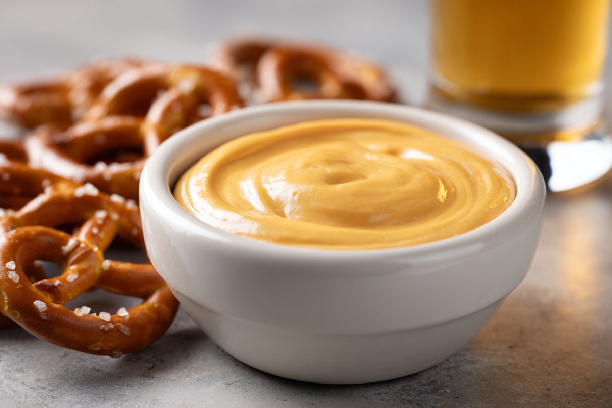 bowl of warm beer cheese dip with pretzels and beer