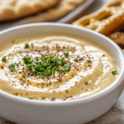beer cheese dip in a bowl with soft pretzels