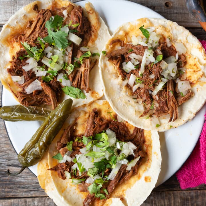 a plate of birria tacos with meat and jalapenos
