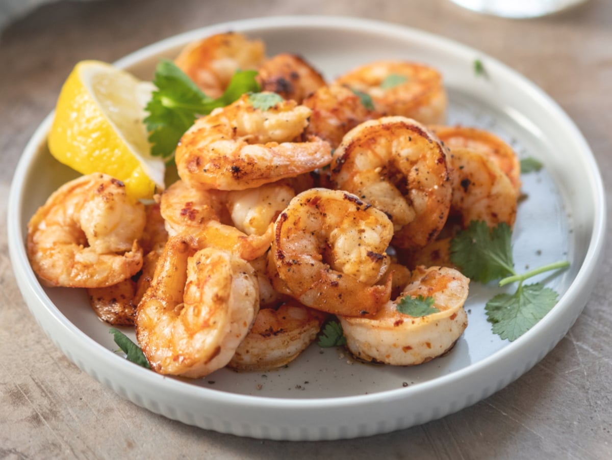 skillet blackened shrimp with lemon wedges