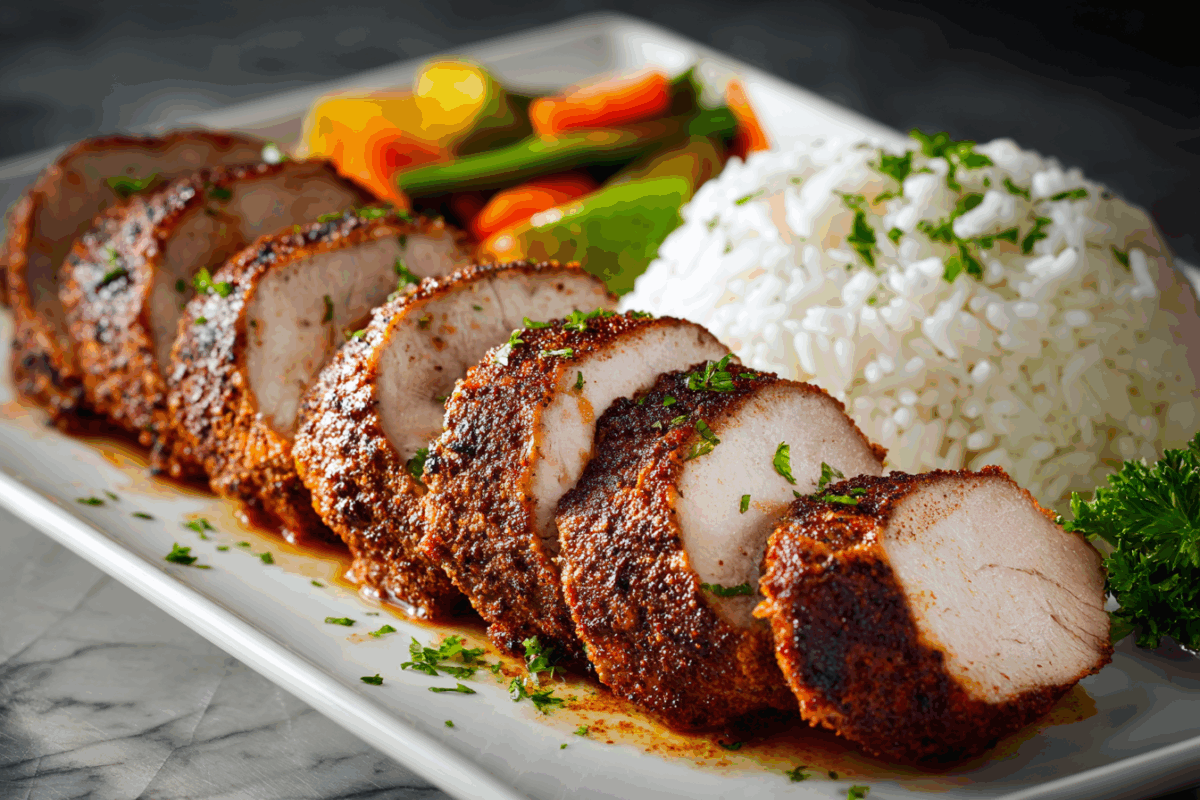 cajun seasoned blackened pork tenderloin on a platter with white rice and veggies