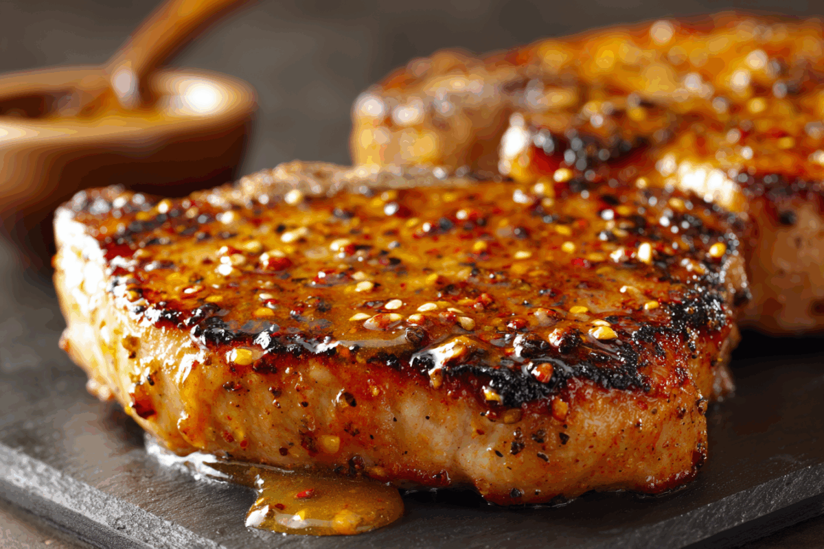 boneless pork chop coated with a honey mustard glaze