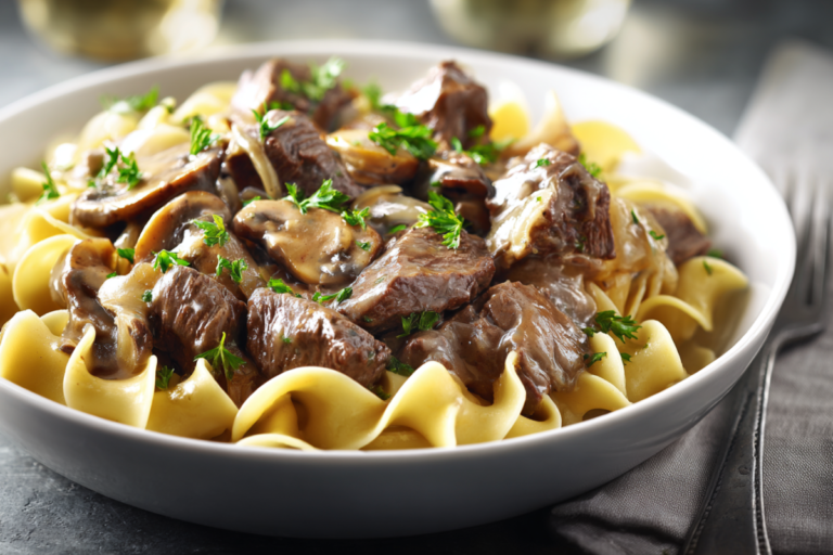 bowl of beef stroganoff served over wide egg noodles