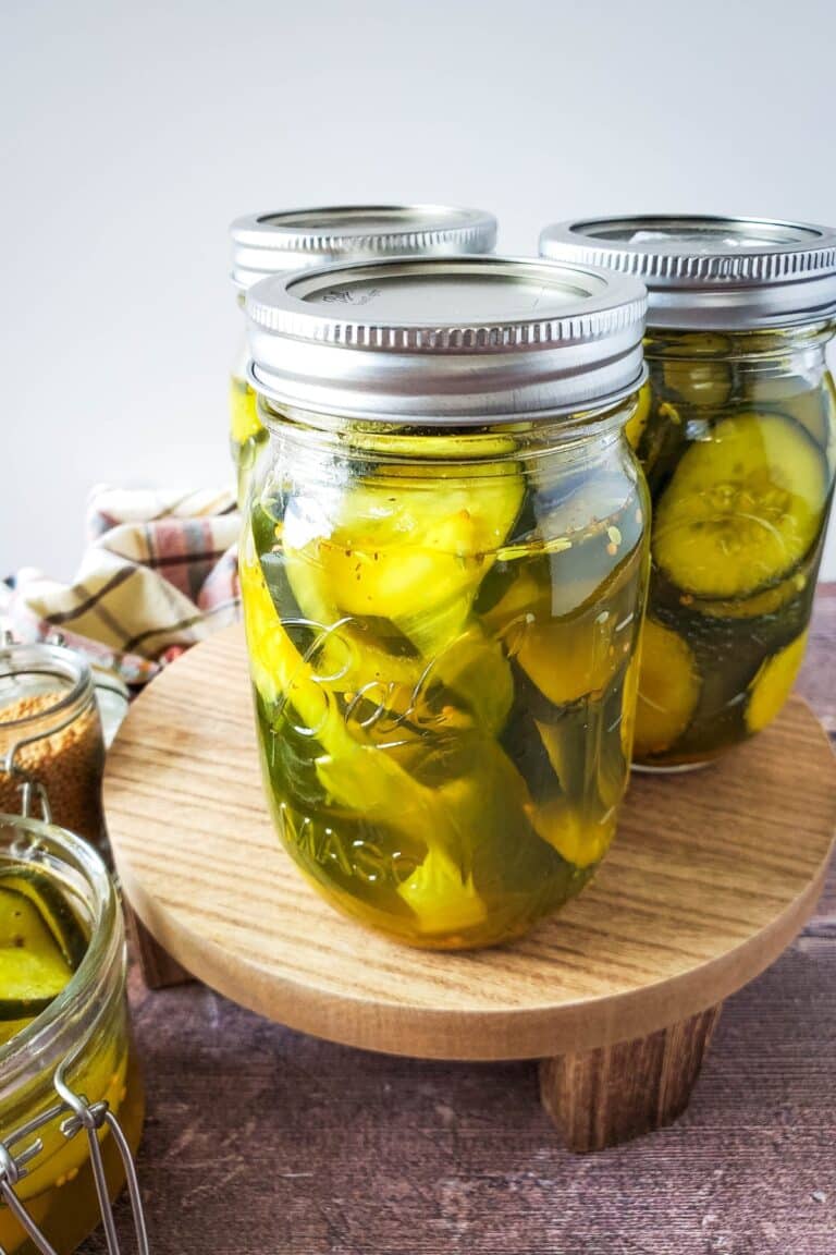Bread and butter pickles in jars.
