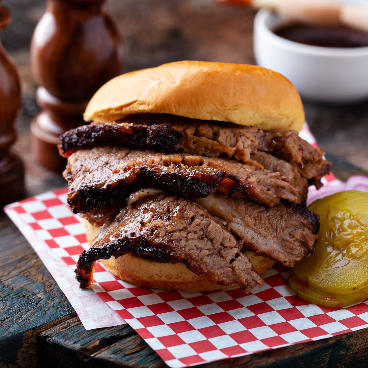 sliced brisket sandwich