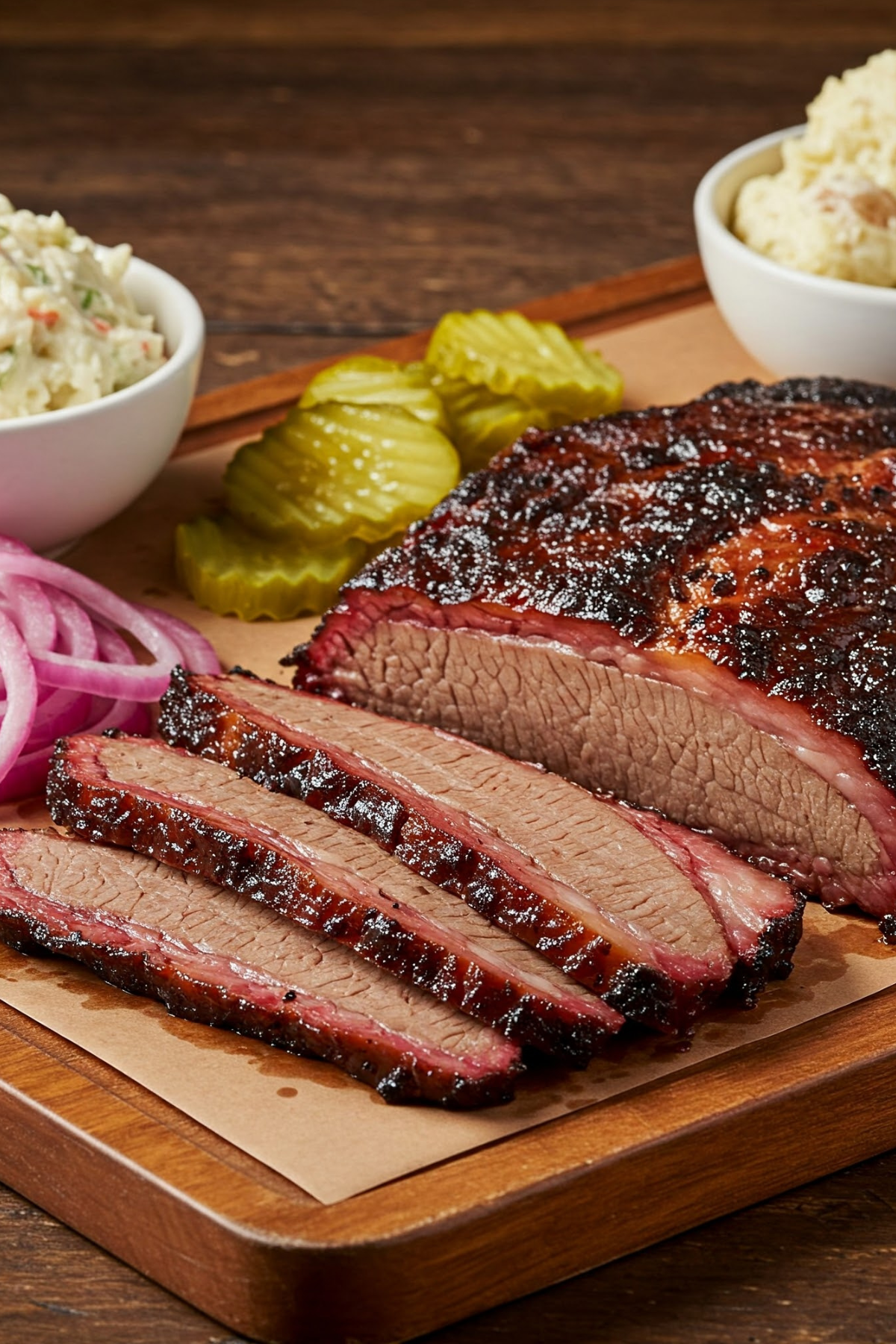 sliced smoked brisket with sides