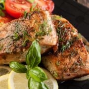 closeup of broiled salmon pieces