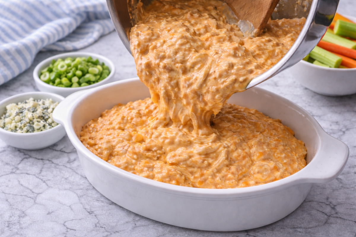 Pouring warm buffalo chicken dip into a casserole dish for serving