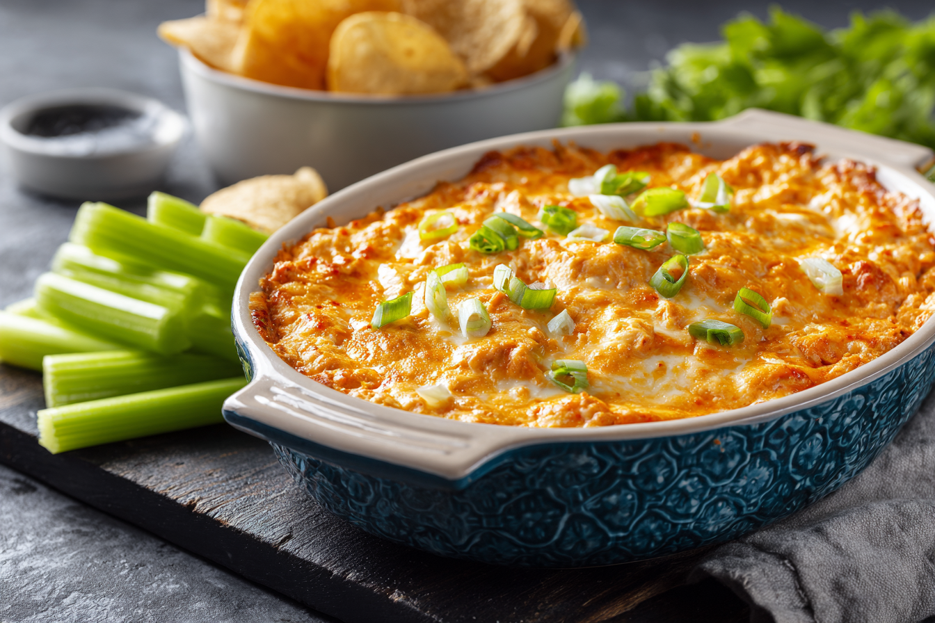 cheesy buffalo chicken dip in a blue casserole dish with celery and chips on the side