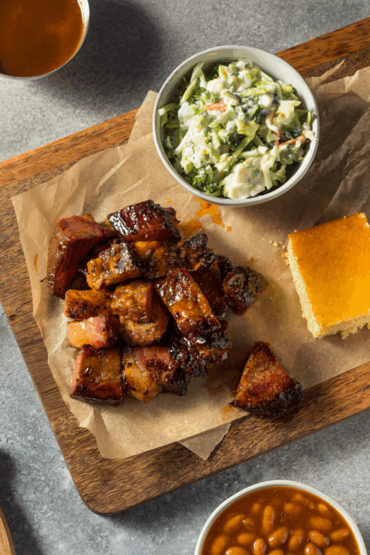 top down view of burnt ends and sides