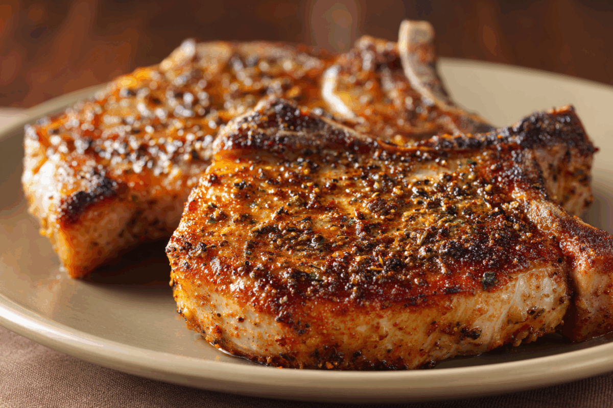 seared pork chops rubbed with cajum spices