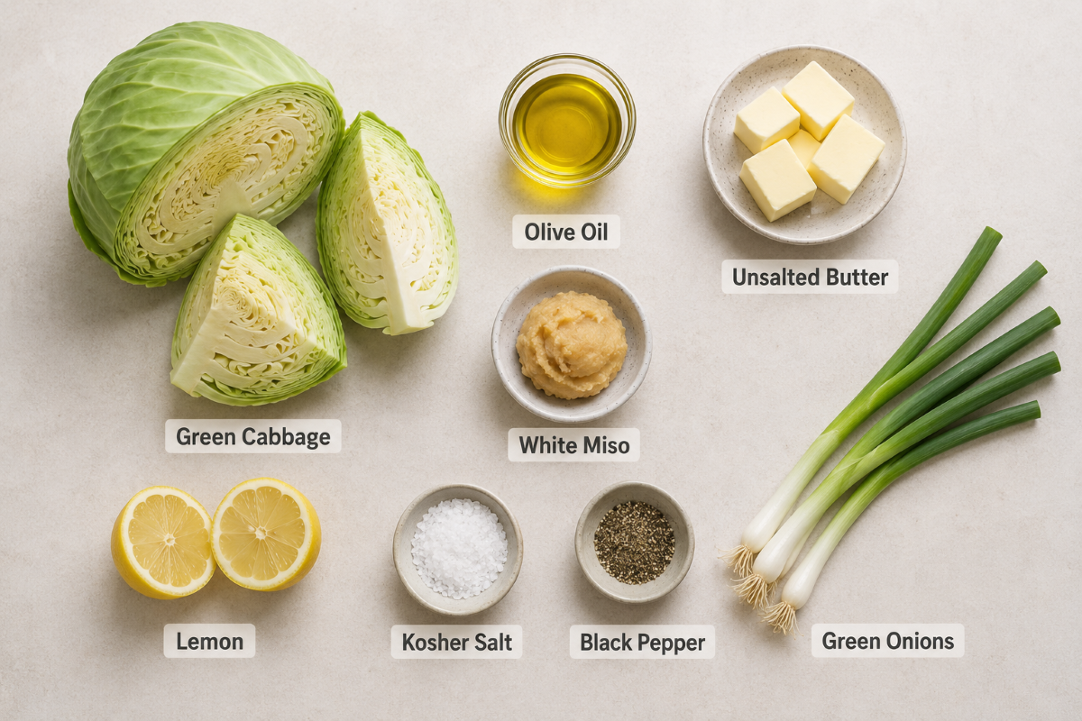 ingredient overhead view of ingredients prepped for miso butter cabbage