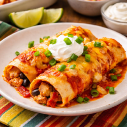 two cheesy chicken enchiladas on a plate with salsa, limes and cheese on the side