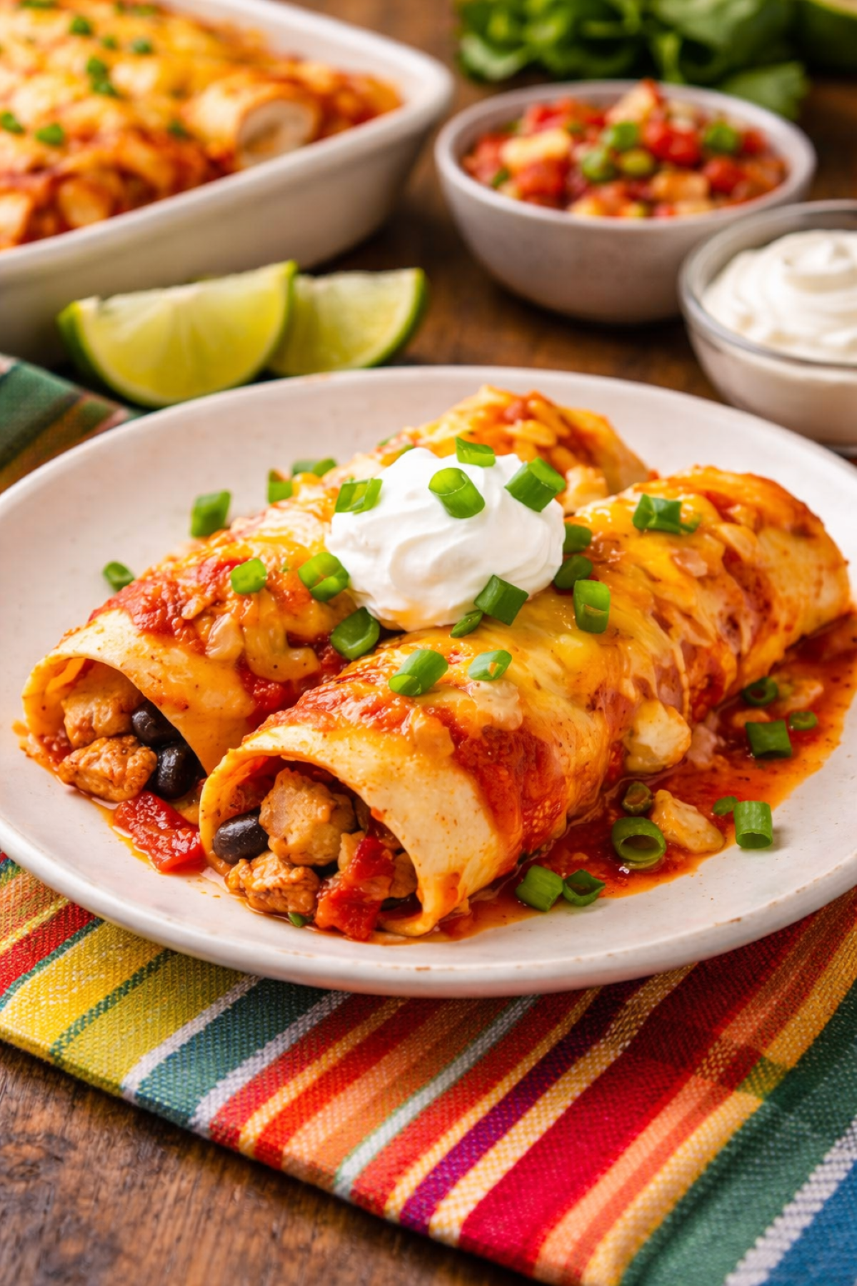 two cheesy chicken enchiladas on a plate with salsa, limes and cheese on the side