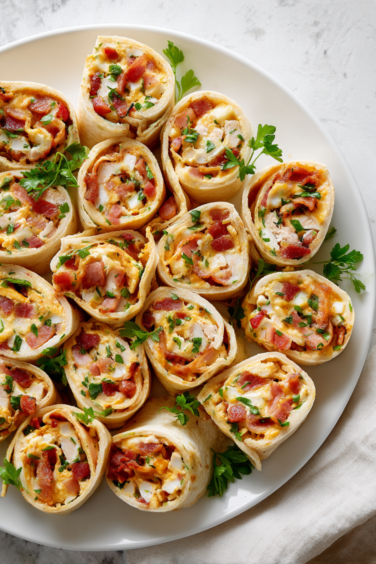 round tray of chicken bacon and ranch roll-ups (pinwheels)