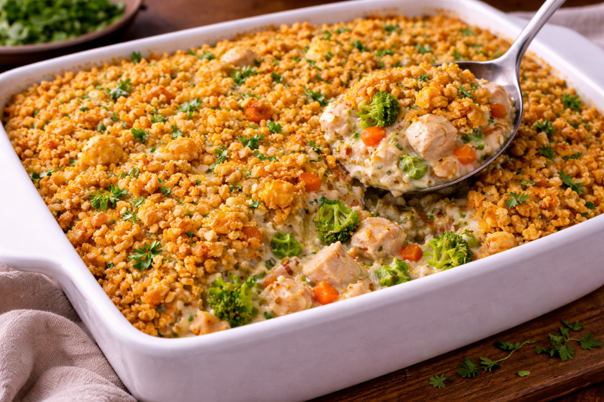 chicken and rice casserole with a spoonful getting scooped out