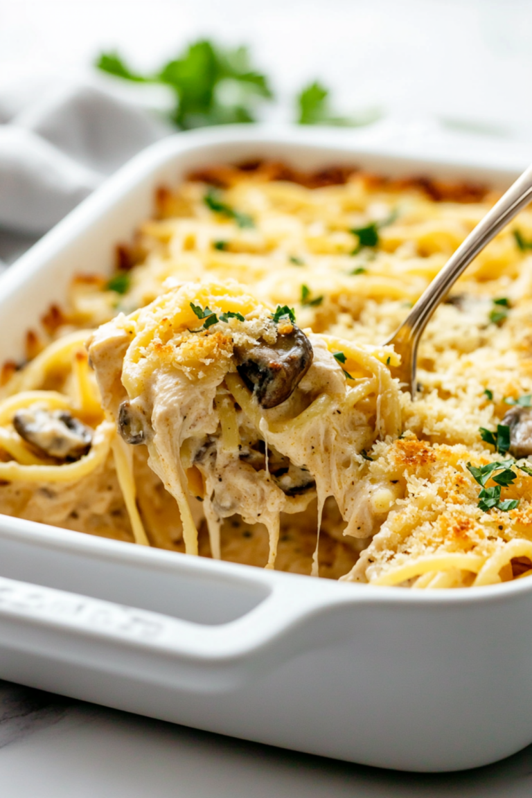 chicken tetrazzini baked in a casserole dish with a spoon lifting a serving out.