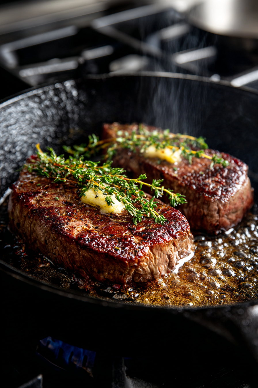 chuck steak sizzling in cast iron
