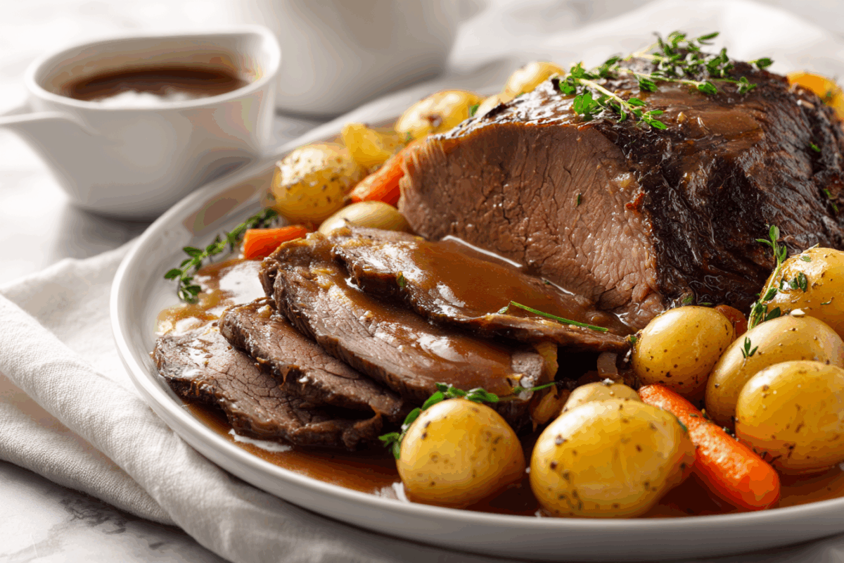 Sliced beef roast on a white platter with gravy, potatoes and carrots on a light kitchen counter