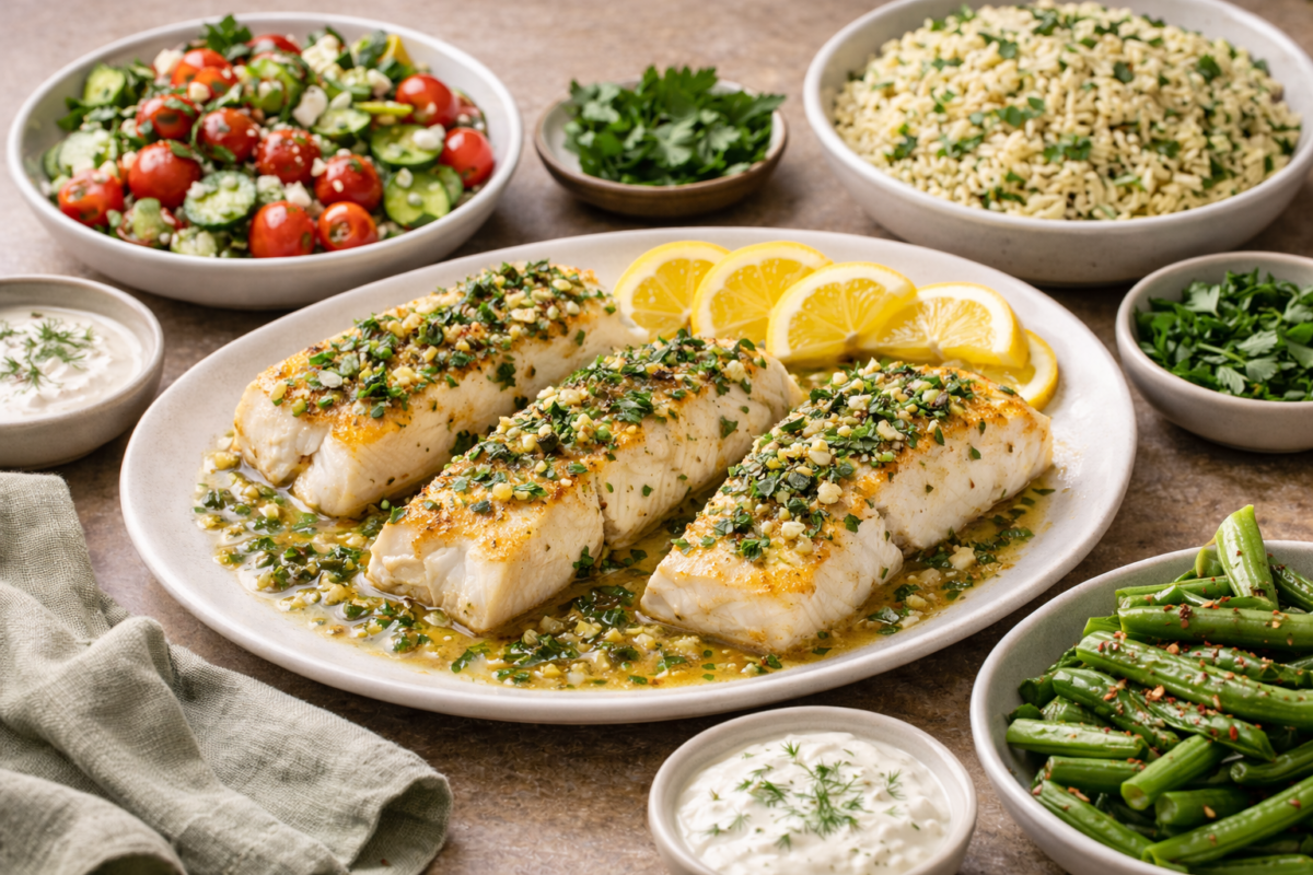spring dinner of cod fillets with salad, rice and vegetables
