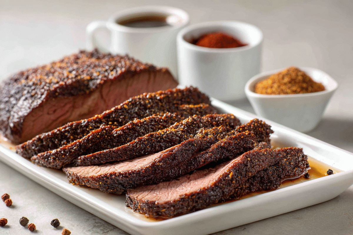  Thin slices of coffee rubbed sirloin tip roast with dark crust fanned on a white platter on a light stone surface